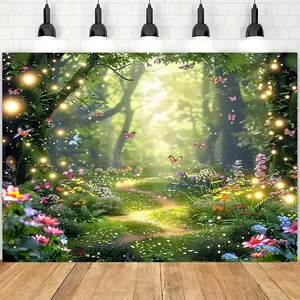 Large Magical Forest Butterfly Wonderland Polyester Backdrop Banner - Summervibes, Vibrant Wildflowers, Fluttering Butterflies, No Electricity Needed, Easy Hanging Holes - Ideal for Birthday Parties, Gatherings