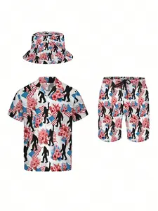 Men's 3-piece vintage beach outfit, American flag Bigfoot, Hawaiian sportswear set, shirt, beach shorts, and fisherman's hat