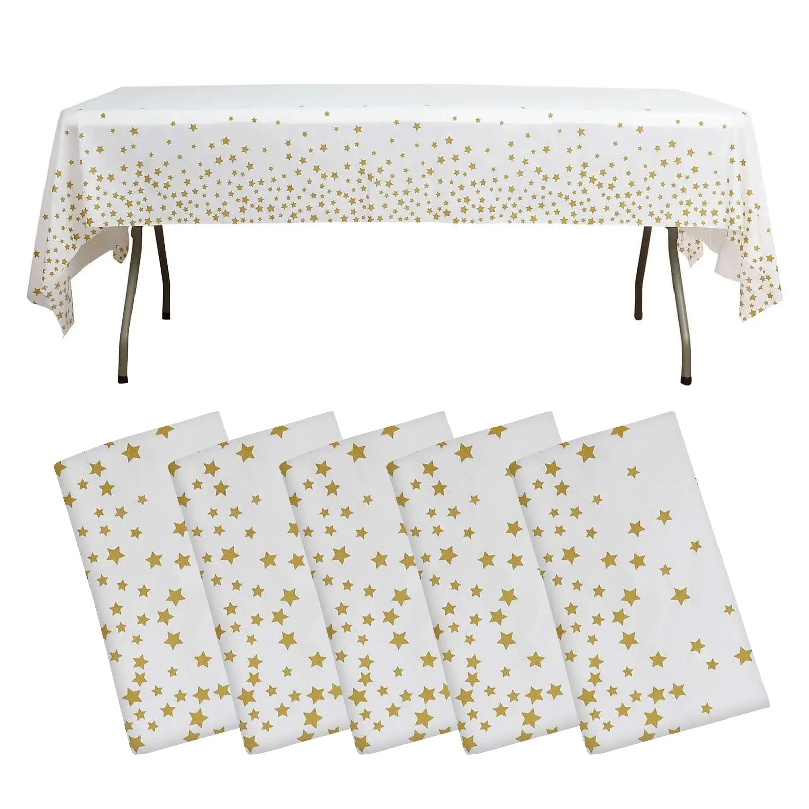 5-Pack Outdoor Rectangle Plastic Overlay Table Covers - 54"x108" White PVC Durable Waterproof Disposable Gold Stars Party Decoration Supplies (Do Not Wash) for Birthday, Thanksgiving