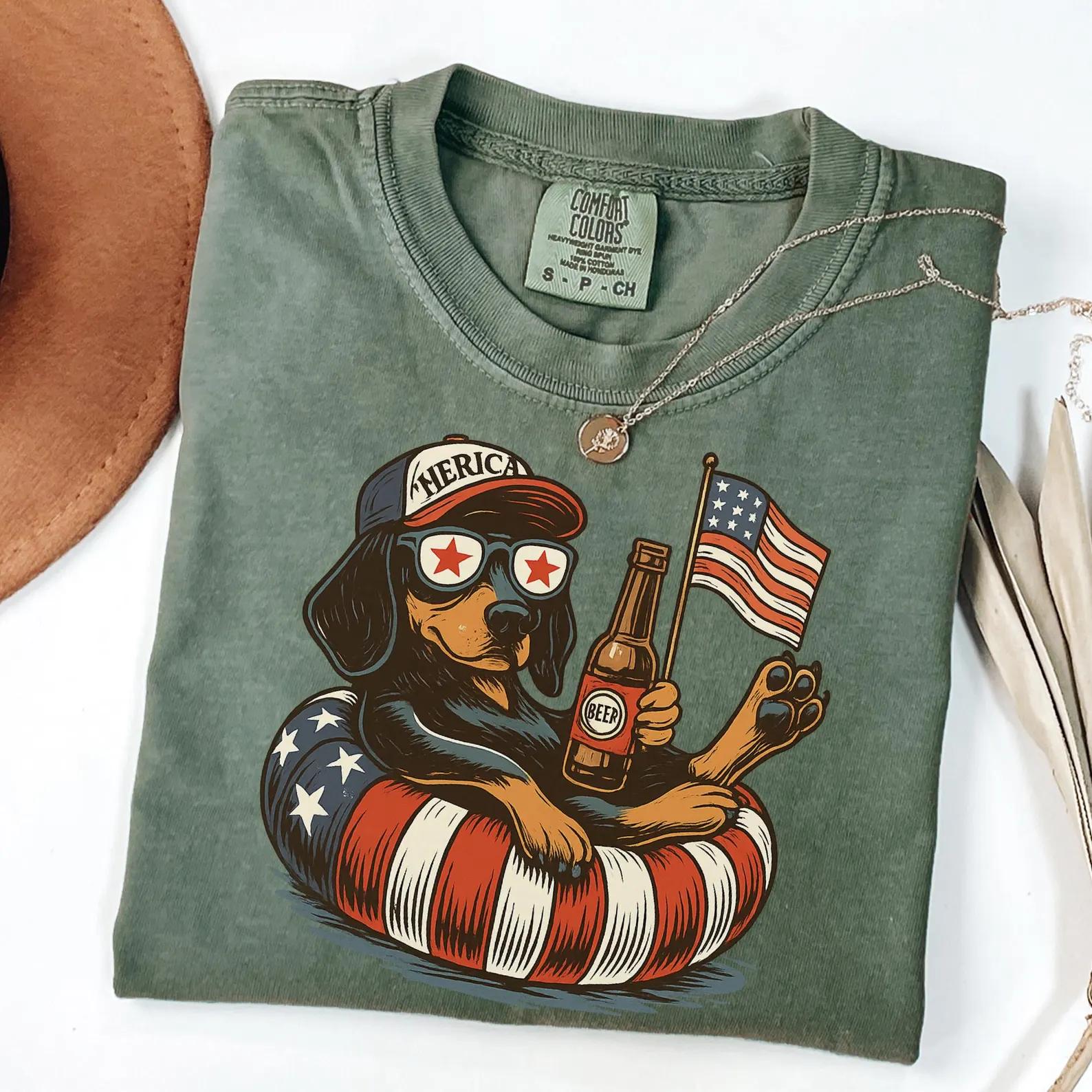 Women’s Short-Sleeve Casual Round Neck Top – Comfort Colors Funny Dachshund 4th of July Patriotic USA Flag Dog Lover Tee, Independence Day Gift, Shortsleeve, Basic, Lady