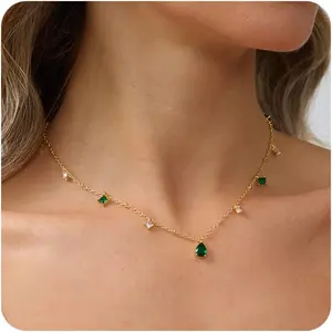 Gold Necklace for Women 14K Gold Plated CZ Diamond Choker Necklace Red Emerald Green Blue Black Teardrop Necklace for Bridesmaid Prom Trendy Gold Jewelry Gift