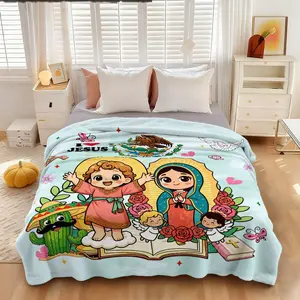 1 cute Q-version of Our Lady of Jesus blanket, Mexican cultural style cactus rose butterfly Bible flannel blanket, skin friendly, soft and machine washable, suitable for office and home use in all seasons, sofa blanket, bed blanket