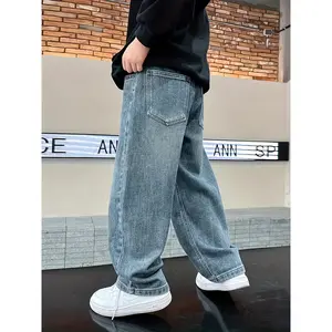Boys' Stretch Denim - Streetwear, Comfortable Loose Fit for All Seasons, Casual Hip-Hop, Durable Elastic Waistband, Solid Color, Long Length with Pockets, for Everyday & Festive Occasions