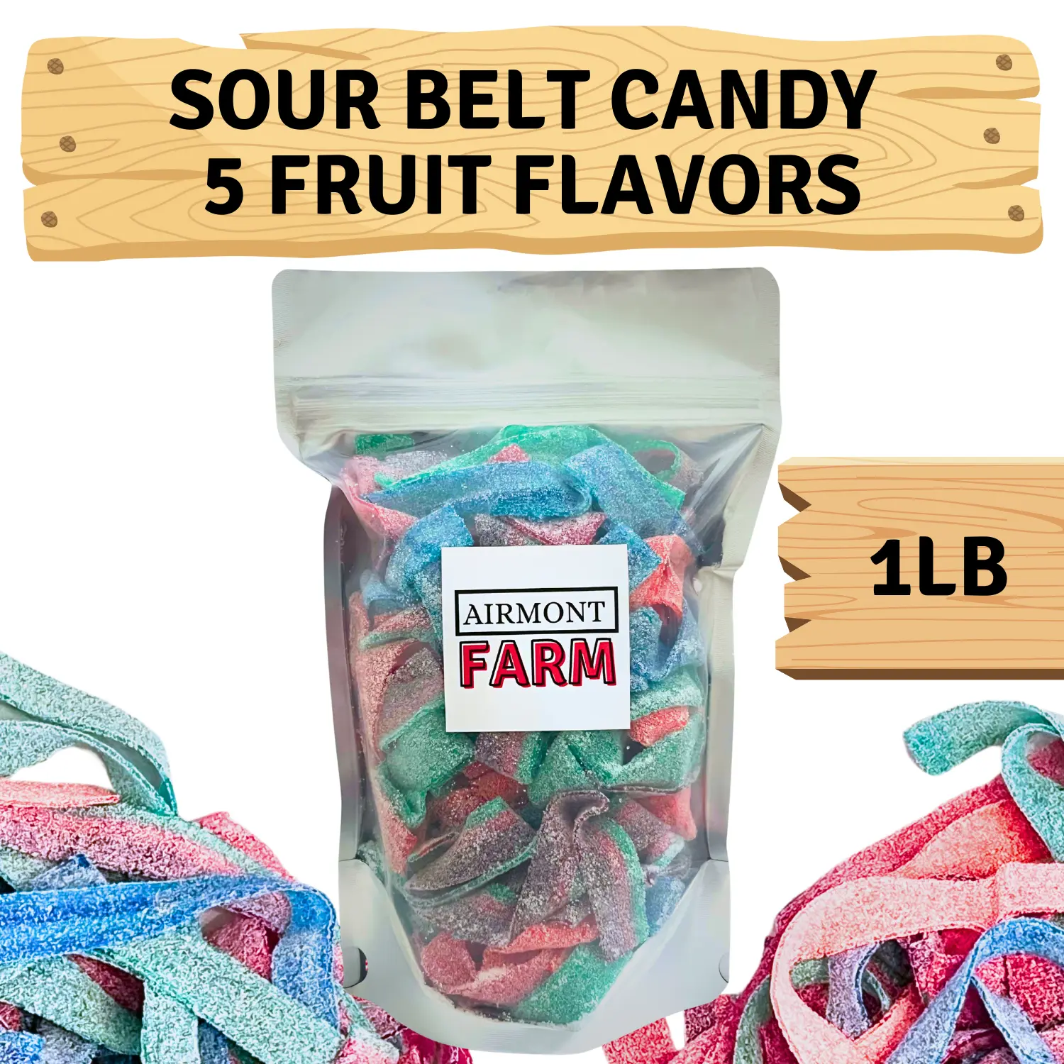 Sour Belt Candy 5 Fruit Flavor Assortment (1LB) - Green Apple, Strawberry, Wild Cherry, Watermelon, Berry/Blue