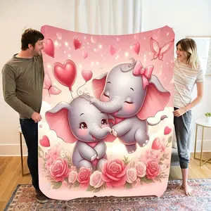 A Cozy And Cute Pink Heart-Shaped Blanket Featuring a Baby Elephant, Primarily in Pink, Surrounded by Heart-Shaped Balloons And Pink Roses T