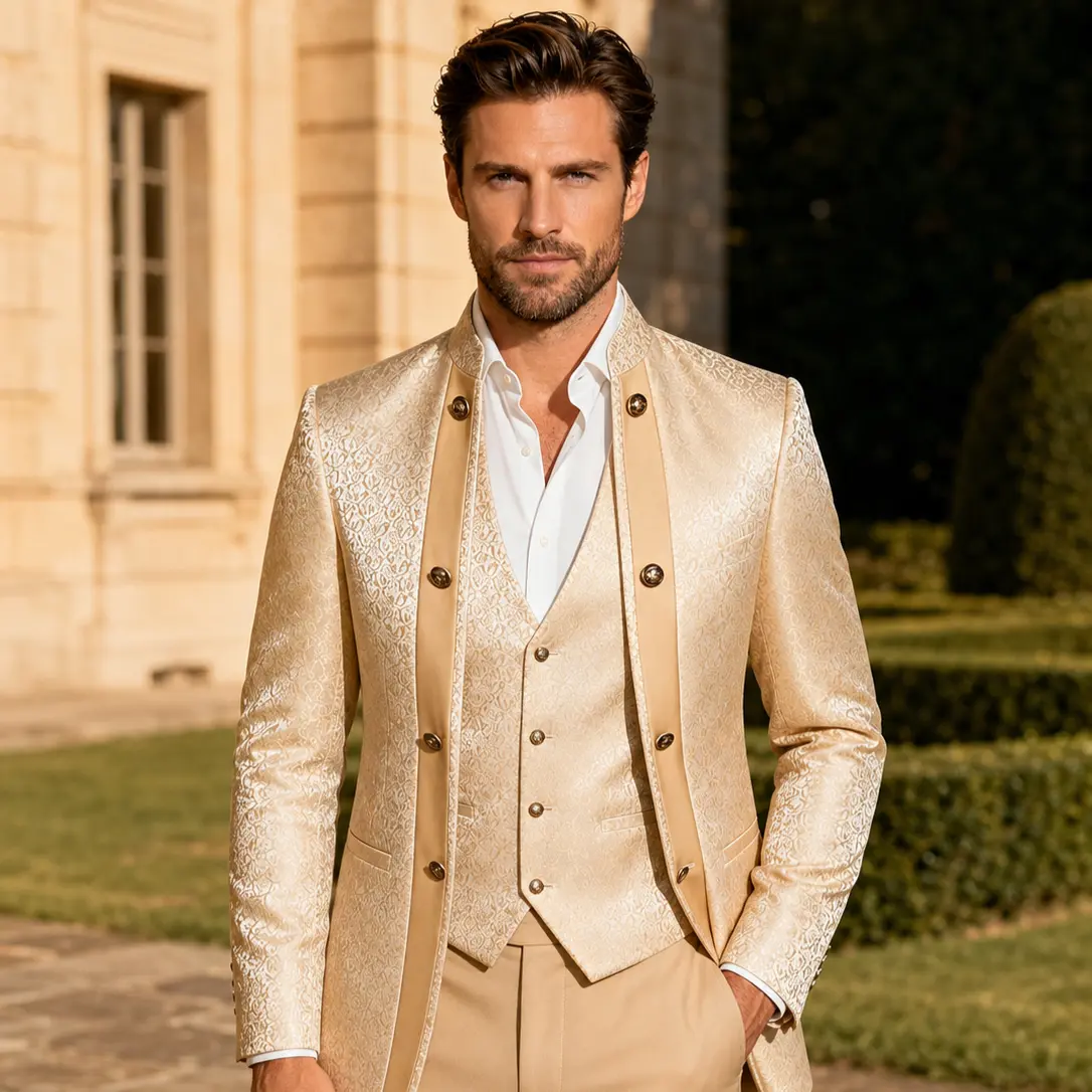 Men's Mandarin Collar 3-Piece Jacquard Suit, Champagne Gold Blazer with Matching Vest & Trousers, Tailored Fit Formal Clothes, Fabric, Fitted, Elegant, Tailored Cut, Wedding Wear, Button, Evening, Print