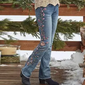 Women's Floral Embroidered Flare Jeans - Retro Style, Vintage Blue Denim, Casual Chic Pants With Elegant Embellishments - For Women - Suitable for Casual Outings, Parties & Everyday Wear - Perfect Gift for Fashionable Women