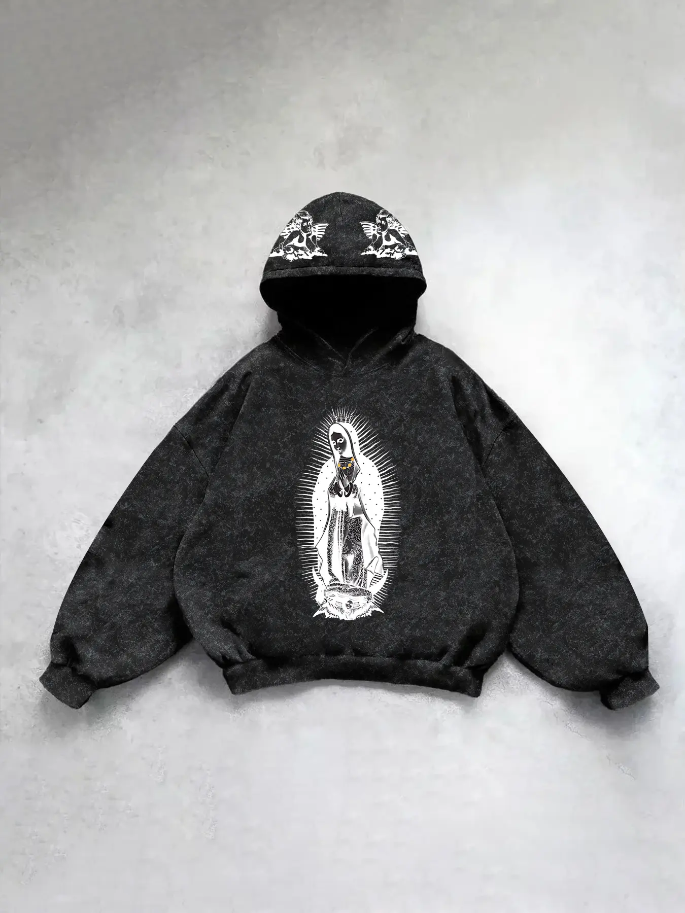 Men's Fall Casual Hooded Knit Sweatshirt, Trendy Graphic Virgin Mary Print, Long Sleeve Fitted Design, Fashionable Daily Wear, Must-Have for Men