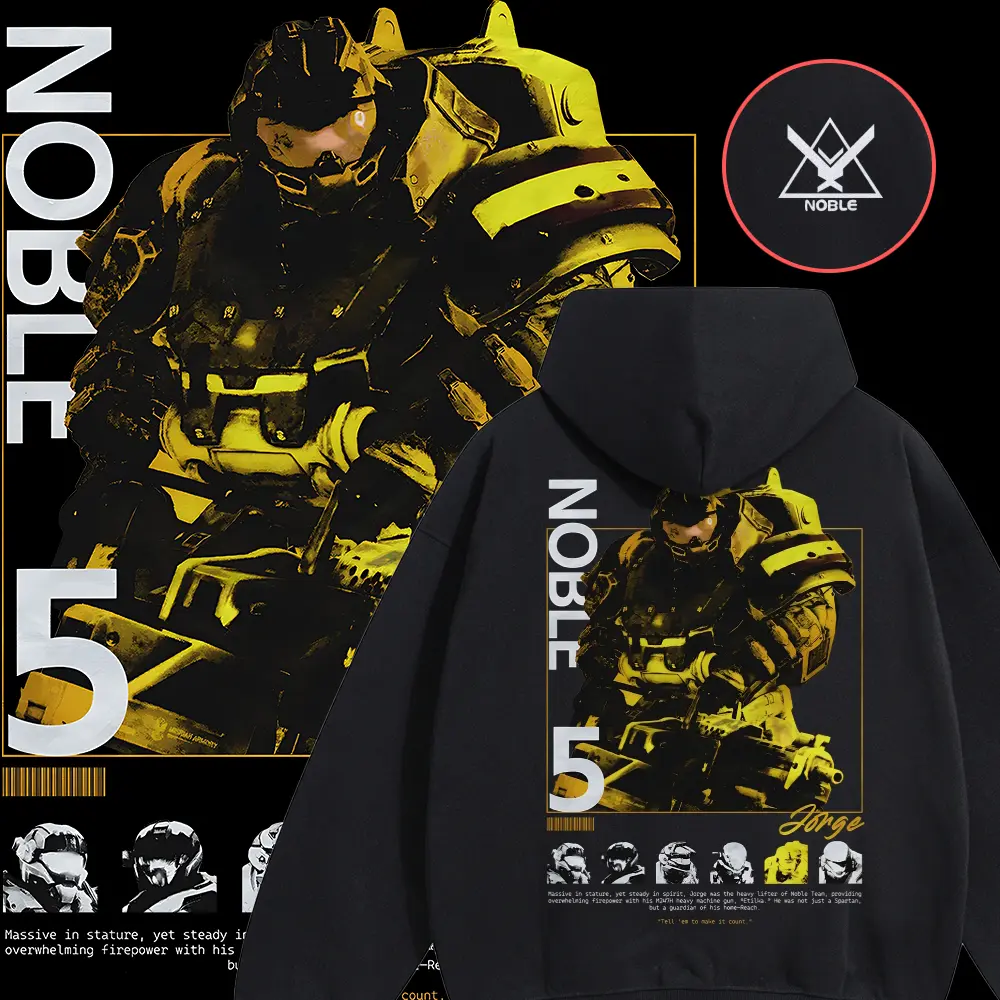 Unisex Noble 5 Jorge Graphic Hoodie | Oversized Industrial Techwear Hooded Sweatshirt | Y2K Aesthetic Gaming Pullover for Men Women Casual Long Sleeve