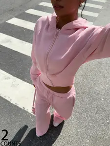 Women's Solid Color Shoulder Pad Zipper Front Hooded Sweatshirt, Casual Sportswear Set Y2K Style, Fall & Winter Fashion, Sweatsuit Set, Sweatsuit Set Outfit