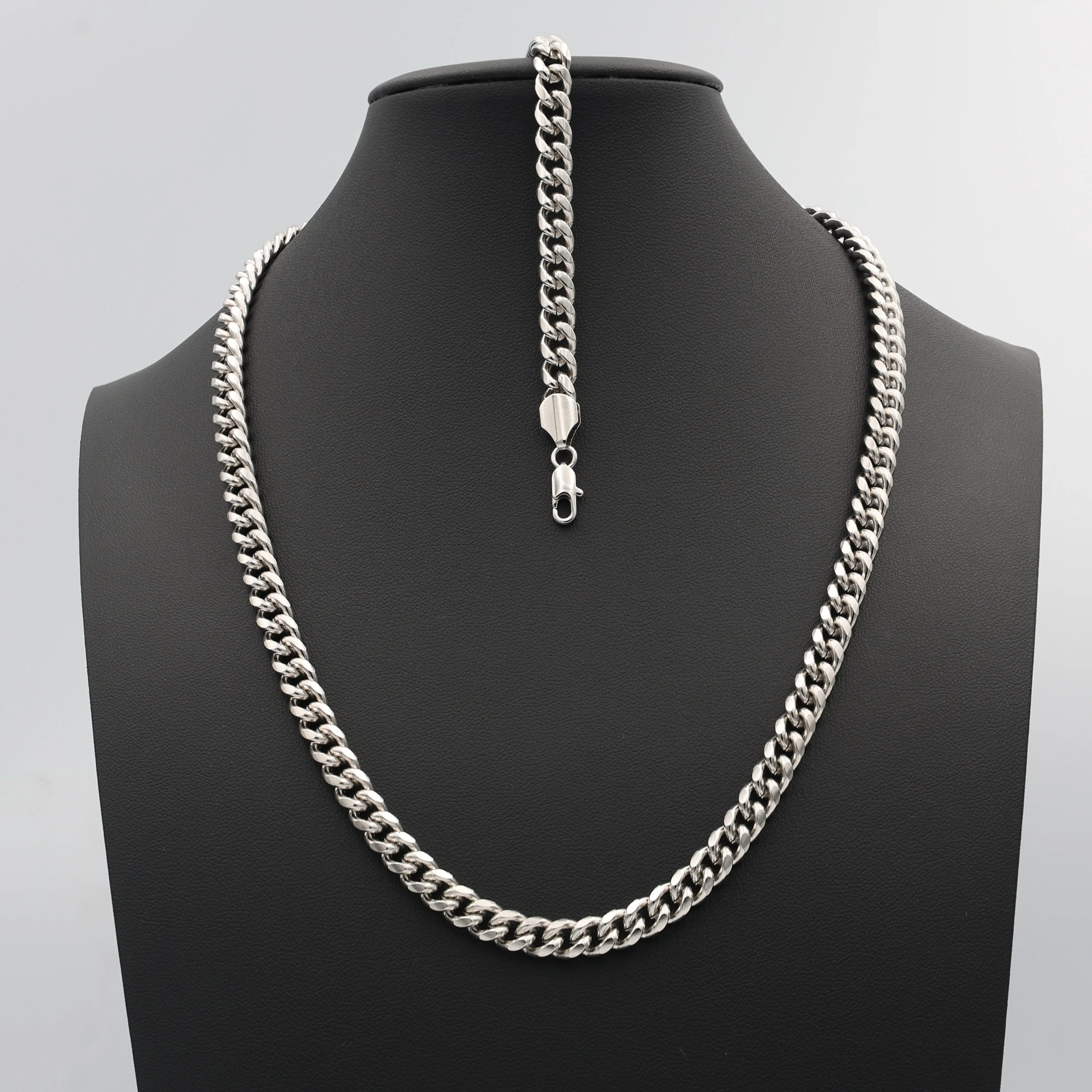 Silver 7mm Curb Chain & 7mm Curb Bracelet Set, Rhodium Plated, Hypoallergenic, Lifetime Replacement Guarantee