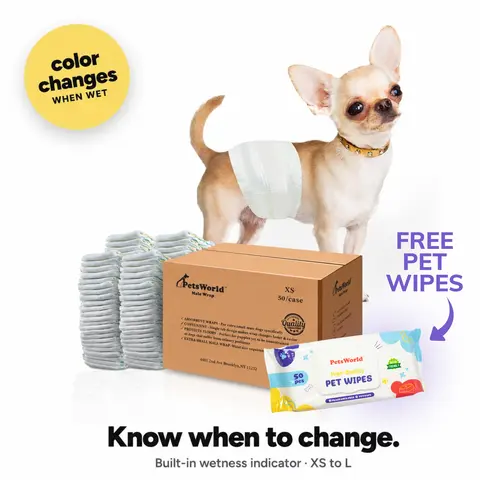 PetsWorld Male Dog Diapers, Disposable Belly Bands for Male Dogs, Super Absorbent Dog Wraps with Wetness Indicator, Leak Proof Fit for Marking, Incontinence & Potty Training, Sizes XS-L Puppy Diapers