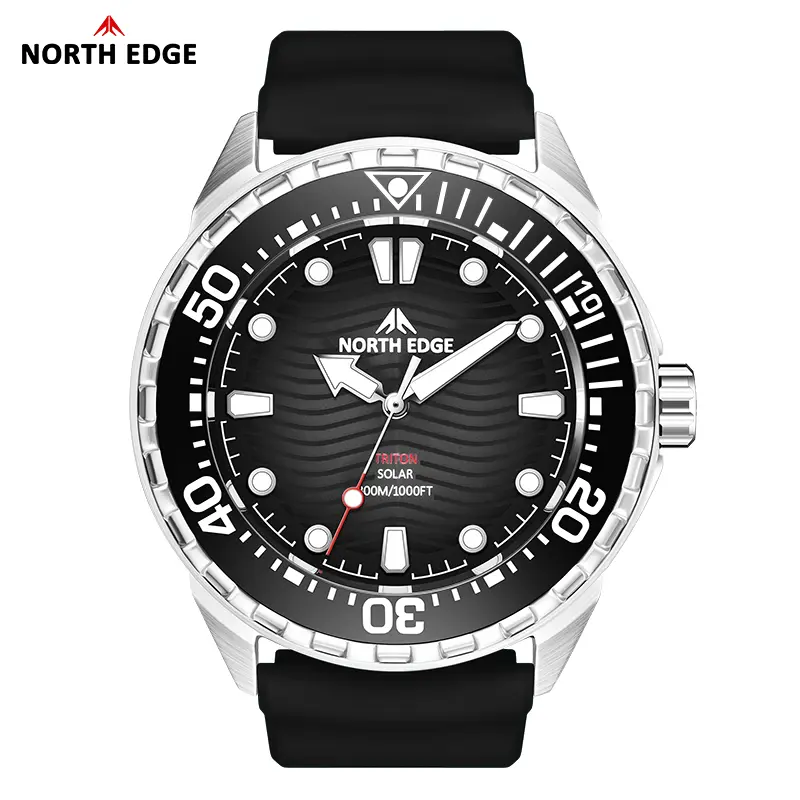 NORTH EDGE Stainless Steel TRITON Solar Watch 1000FT Waterproof Free Diving Summer Comfortable Silicone Strap Best Gift for Men's Watches