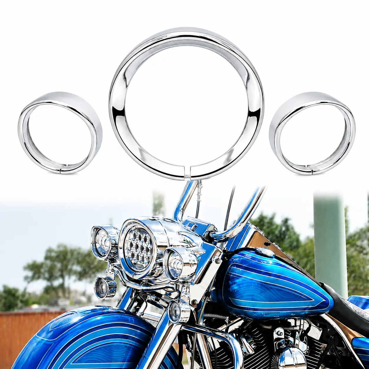Chrome Metal Headlight & Passing Lamp Trim Ring Kit - 7" Headlight, 4.5" Passing Lamp, Deep Recess, Size Matched, Weather Proof, Specific Fits for Harley Touring, 1 X 7" Headlight Trim Ring