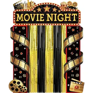 5 count Movie Night Porch Sign Banner with Black and  Foil Fringe Film Themed Backdrop VIP Entrance Photography Background Red Carpet Party Decoration for Graduation  Outdoor Movie Party Supplies