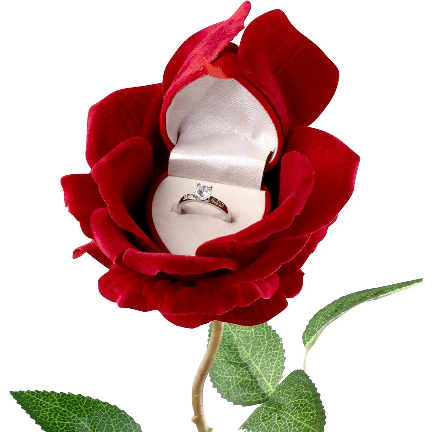 Rose Ring Box - Flower Heart Engagement Ring Box for Proposal Ring, Ceremony, Wedding or Special Occasions (Red)