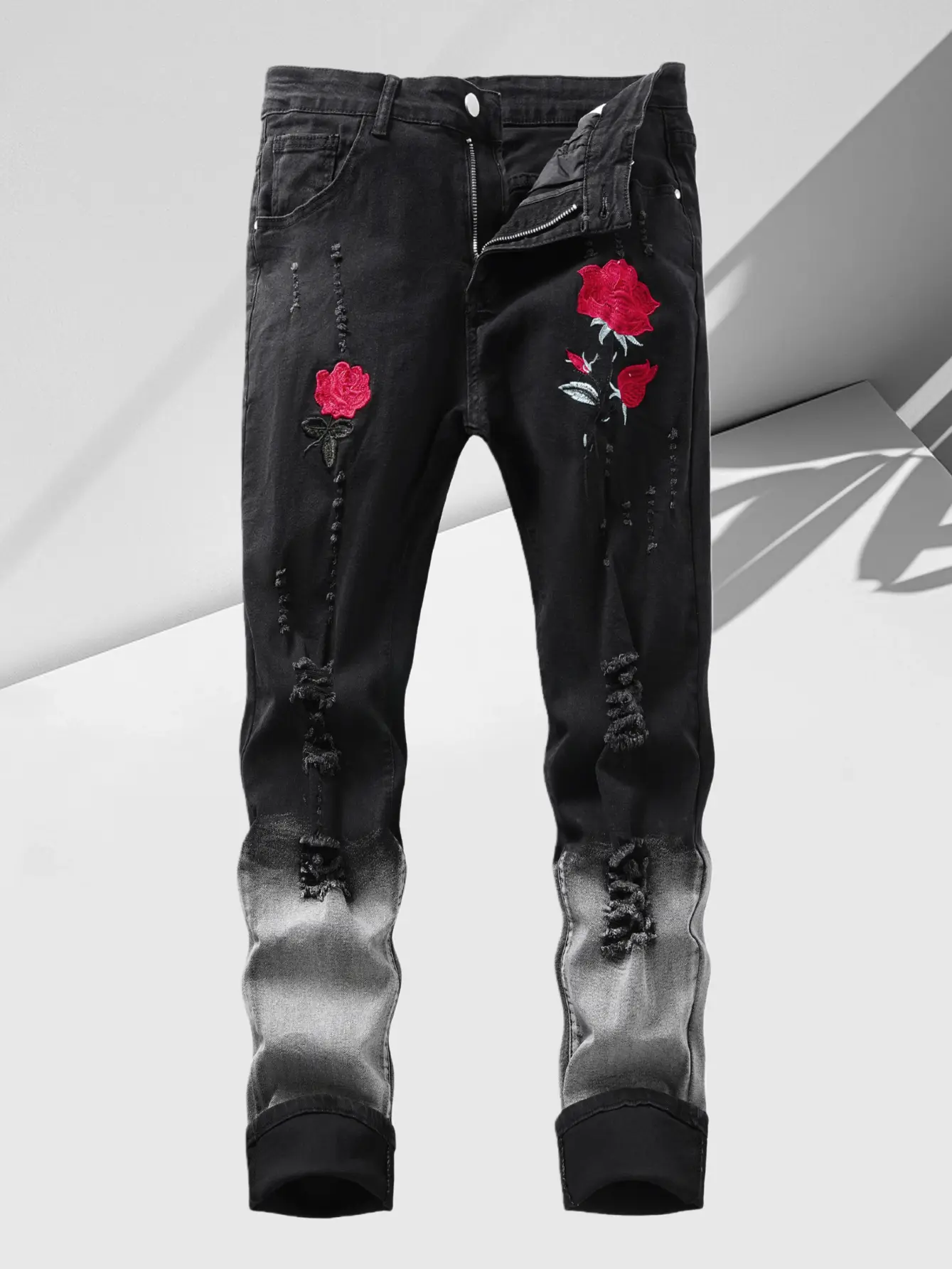Men's ripped jeans, distressed embroidered ripped slim-fit straight-leg jeans, black ripped men's street style jeans, men's red printed casual slim-fit straight-leg jeans, ripped jeans ugly comfortable all-day wear