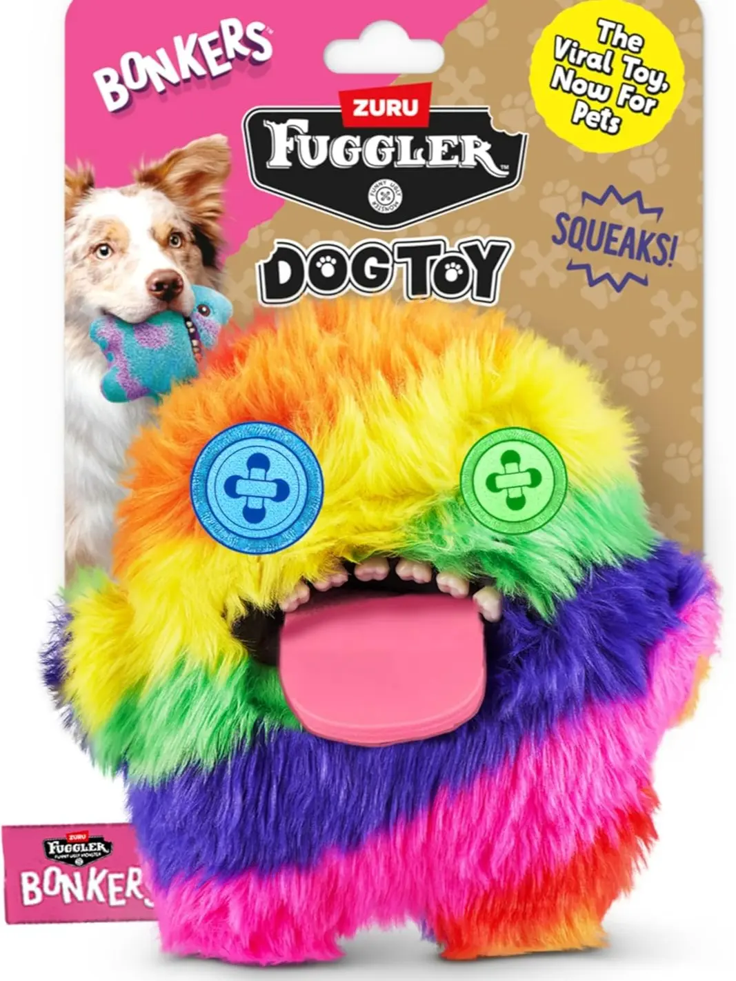 Bonkers Fuggler Oogah Boogah Squeaky & Plush Dog Toy for Playtime, Multi-Color, 8 inches