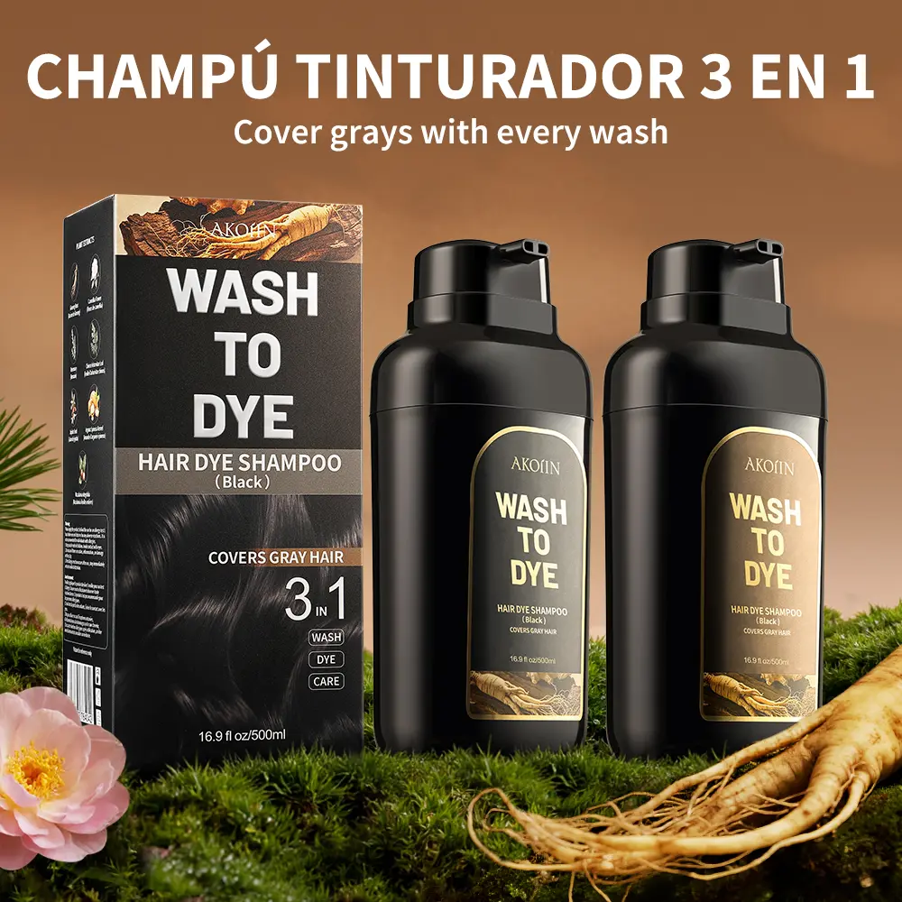 AKOIIN Champú Tinturador Herbal 3 en 1, Coloración Semipermanente, 100% Cobertura de Canas, Dura 60 Días, 7 Extractos Vegetales, Sin Frizz, Unisex, con Herramientas de Tinte, 500ml