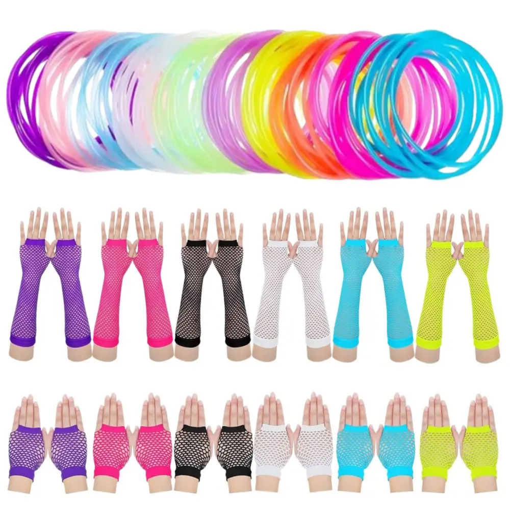12 pairs Fishnet Gloves Neon Fishnet Fingerless Gloves with Multicolor Silicone Jelly Bracelets Party Costume Accessories Supplies