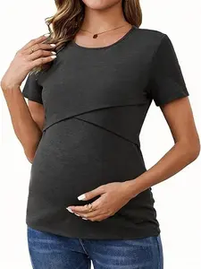Women's Short Sleeve Nursing Maternity Top, Casual Plain Color Breastfeeding Shirt for Home & Outdoors, Comfortable Mommy Clothing