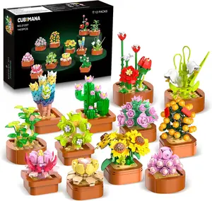 CUBIMANA 12 Pack Succulent Flower Mini Building Block Set 1403PCS 3.6MM for Home Décor Plant Building Blocks Toy Party Favors Gifts for Easter Birthday Adults Women Kids 10+