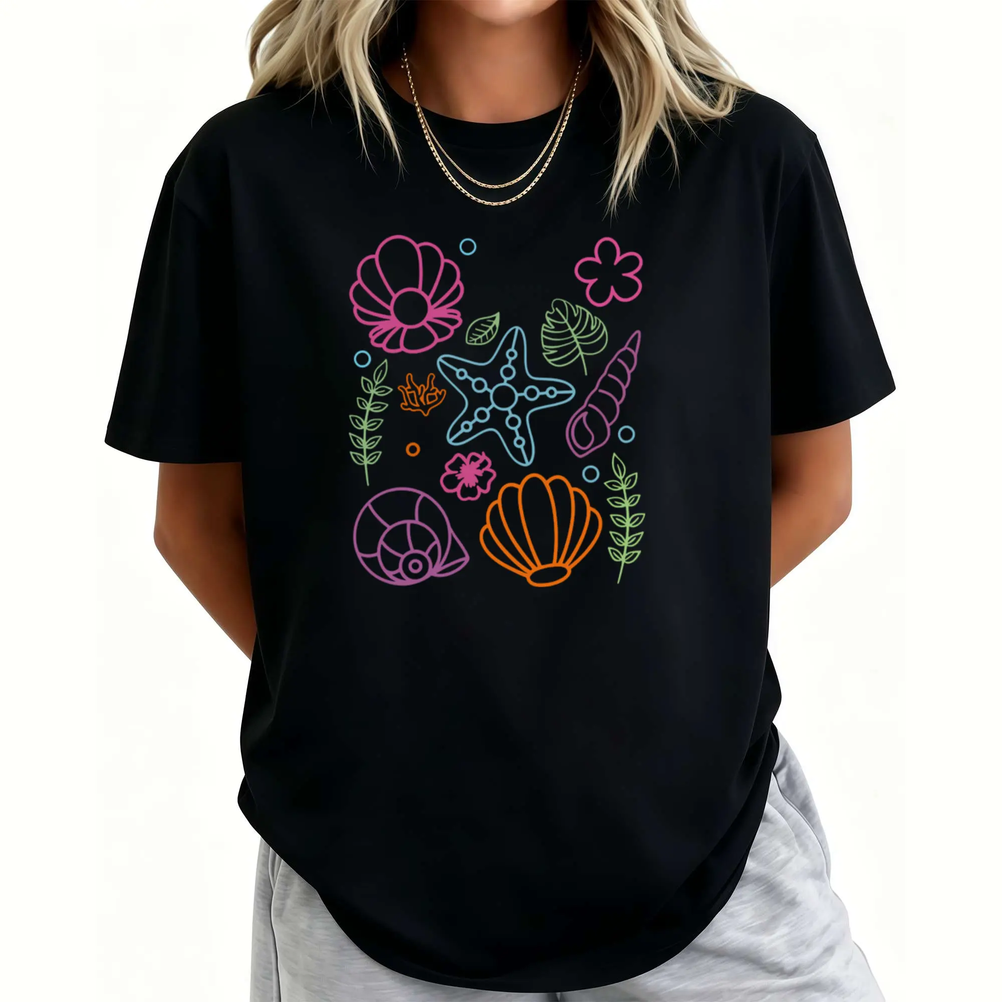 Women's Y2K 90s Retro Nautical T-Shirt - Soft Breathable Short Sleeve Round Neck Top with Seashell & Starfish Print, Suitable for Casual Beachwear, Everyday Outfits, Machine Washable Summer Blouse Fashion