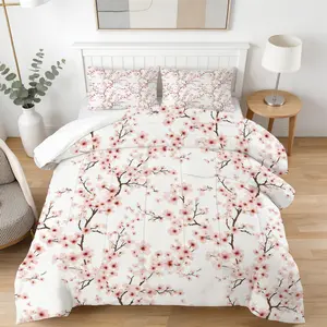 Japanese Cherry Blossom Comforter Set, 2/3 Pieces, Includes 1 Comforter + 1/2 Pillowcases, White Base Pink Floral Branch Pattern, Aesthetic Floral Bedding, Perfect Gift for Teens & Adults, Bedroom & Dorm Decor