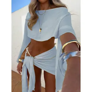 2pcs Women Off Shoulder Crop Top And Side Tie Mini Skirt 2 Pieces Outfit, Elegant Sexy Party/Beach/Vacation Summer Set Long Sleeve Bottom