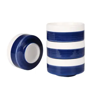 Stylish Striped White-Blue Ceramic Bowls Set, 4 Pieces (282ml/10oz) - Square Lightweight Serving Bowls for Cereal, Soup - Microwave, Dishwasher Safe Kitchen Tableware