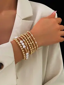 Pearl Metal Beaded Stackable Bracelet Set 7 Pieces, Elegant Jewelry Gift, Perfect for Special Occasions, High-Quality Craftsmanship
