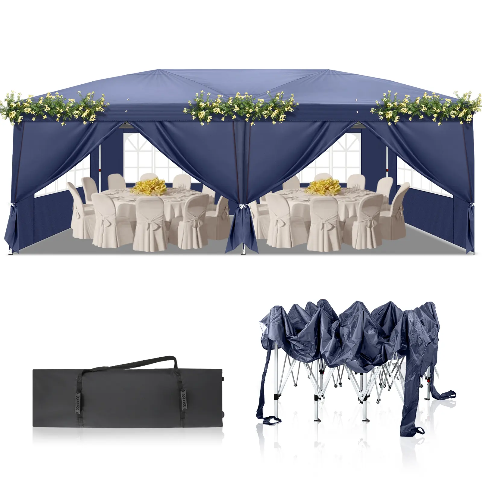 3 x 6m Four Windows Practical Waterproof Folding Tent Blue Outdoor Canopy Ventilated Canopy