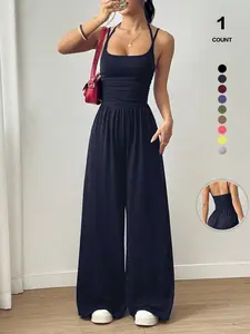 Women's 1 Piece/3 Piece Set Strapless Casual Wrap Chest Jumpsuit Pajamas, Versatile All Season Home Wear, Minimalist Plain Style