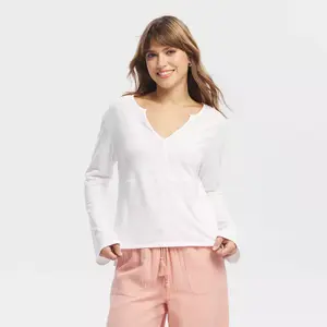 Women's Long Sleeve Split Neck Top - Universal Thread White XS