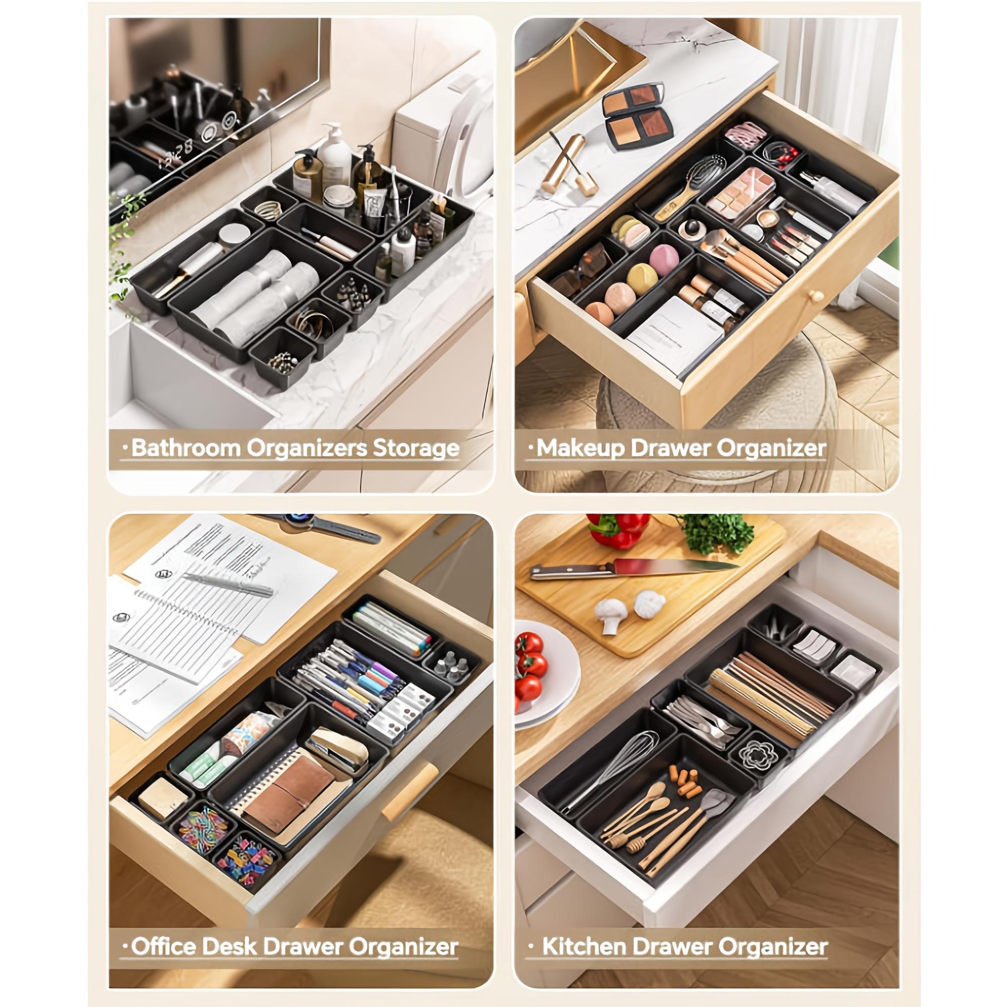 62-Piece Black Storage Container Set Flatware Organizers And Kitchen Drawer Dividers (Black) Organizing Desk Drawers Set Of 62pcs Clear Storage Trays