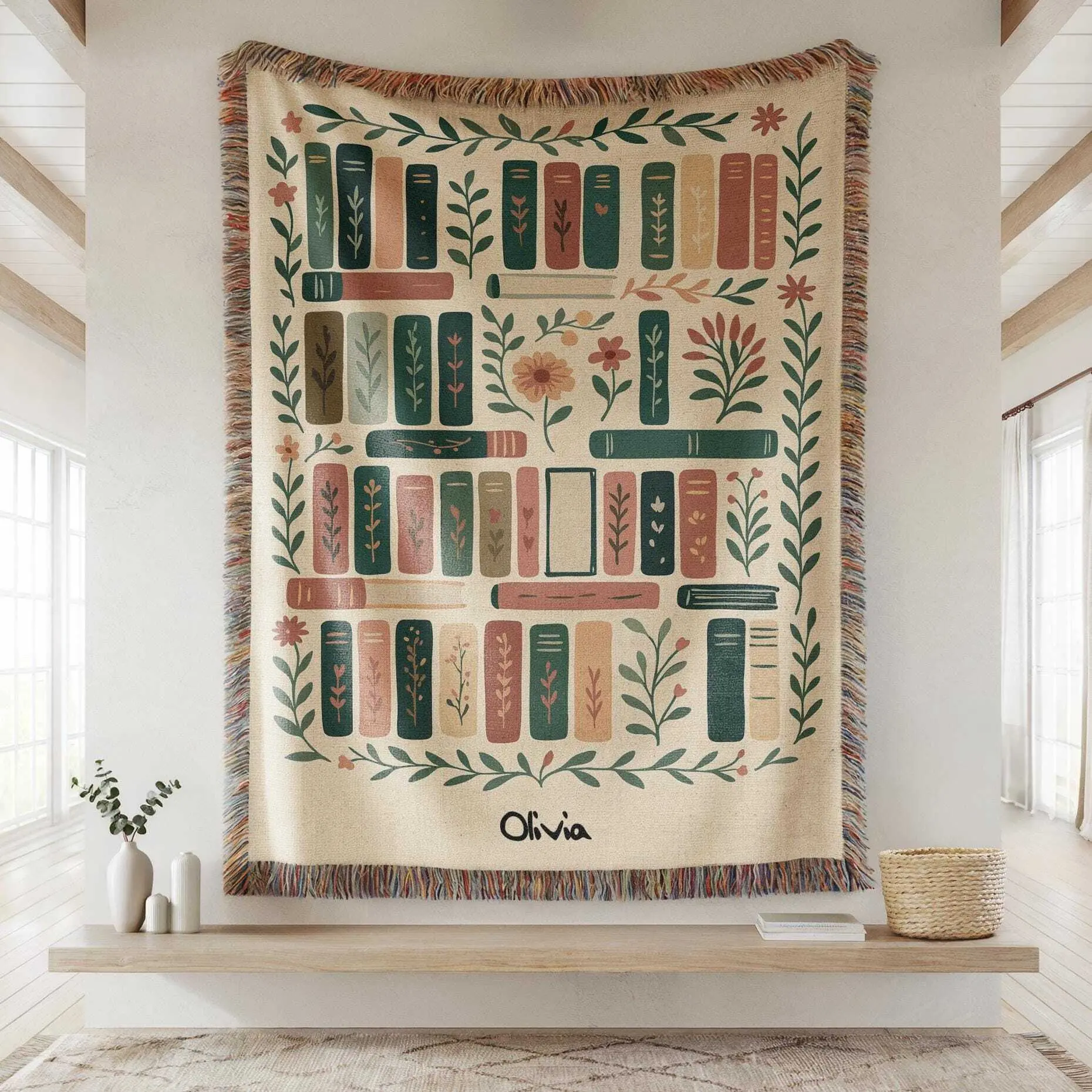Personalized woven blanket for book lovers Wildflowers Bookish Blanket Bookshelf Gift for Book lover Woven Throw Blanket.