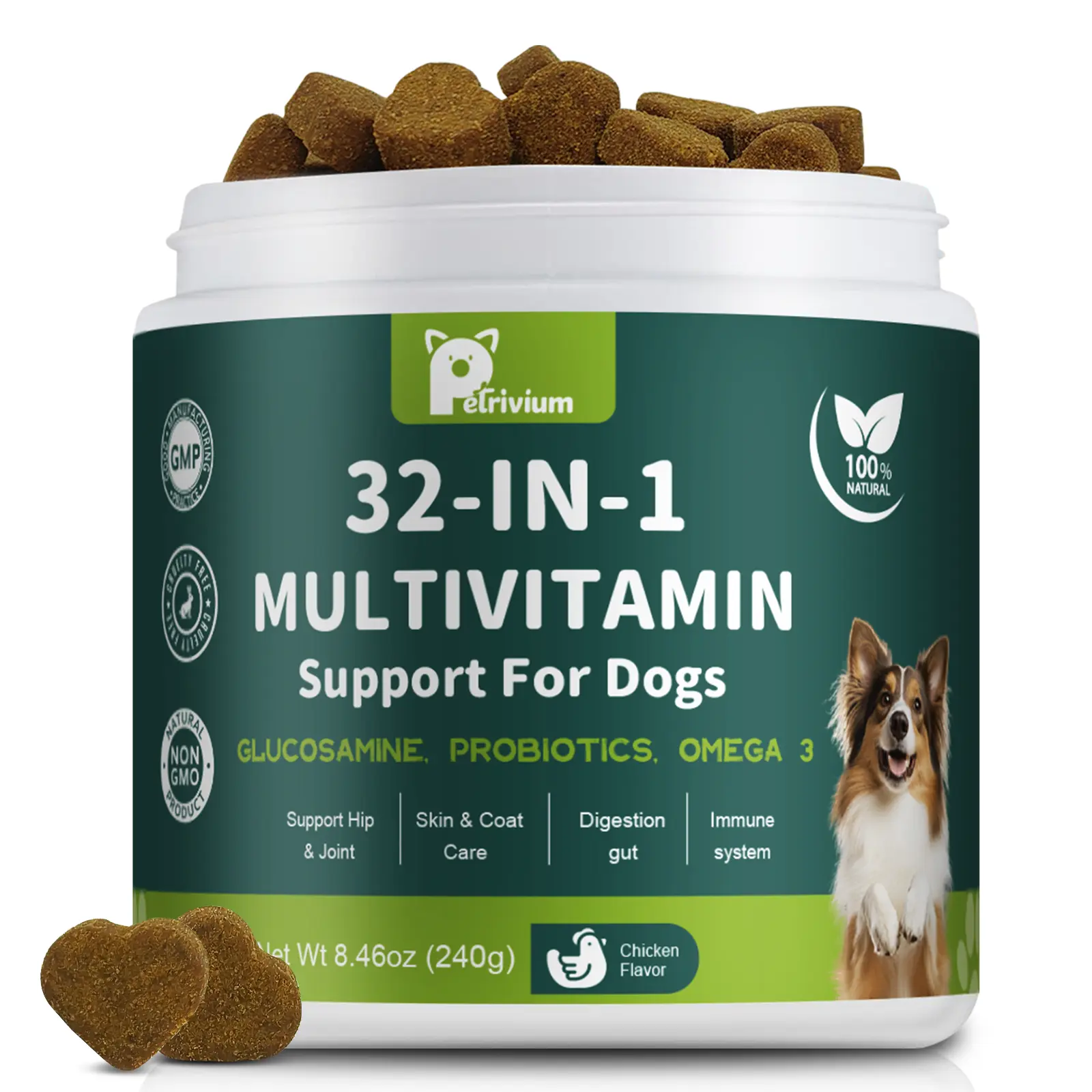 Petrivium Dog Multivitamin Chewable with Glucosamine & MSM, Omegas 3 & 6, Probiotics, Dog Vitamins and Supplements for Hip & Joint Health, Skin & Coat, Immune Boost & Overall Health 120 Soft Chews