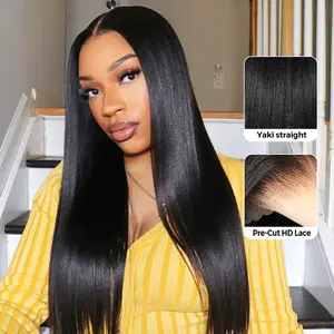 CurlyMe Wear Go Yaki Straight 9x6 Pre-max HD Lace Mini Knots Hair HD Lace Front Glueless Wigs - Natrual Black