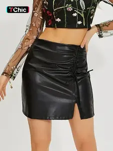GILIPUR Women's Black Faux Leather Mini Skirt | High Waist Ruched Bodycon Skirt with Drawstring & Split Thigh | Y2K Punk Streetwear, Chic PU Leather Skirt for Club Party, Night Out & Daily Casual | Trendy 2000s Aesthetic Skort Essential,TChic