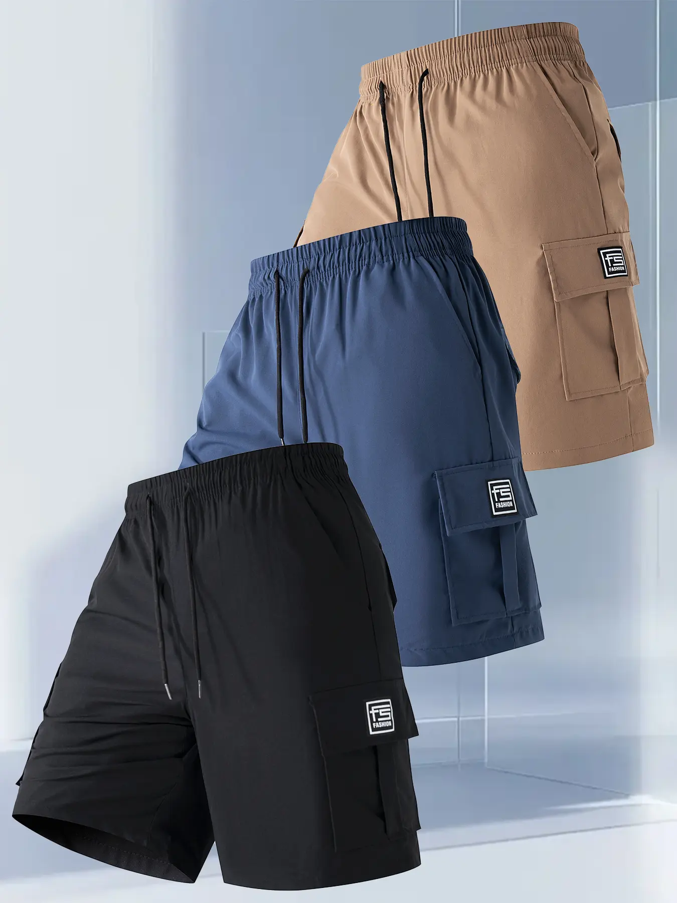 Men's 3-Pack Polyester Loose-Fit Colorful Woven Cargo Shorts - Casual Knee-Length Quick-Dry Sportswear with Multi-Pockets, Versatile and Practical for Hiking, Campfire/BBQ Parties