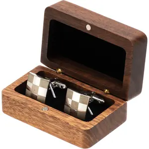 Walnut Wooden Cufflink Box For  Storage,Small Cuff Links Display Case for Men (A)
