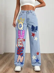 JR JEANIUS WEAR Women's High Waist Wide Leg Denim Jeans - High Stretch Light Wash, QUEEN Letter Star Bow Graphic, Casual Sequin Oversized Semi Baggy Streetwear Piece for Outdoor Use,summerwins