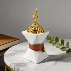 Ceramic Incense Burner with Leather Strap & Golden Lid, Elegant Bakhoor Incense Burners Holder for Home Decor, Fragrance, Aroma, Yoga, Meditation, Spa, Bedroom, Living Room, Arabian Nights Themed Party, Ramadan & Eid Gift