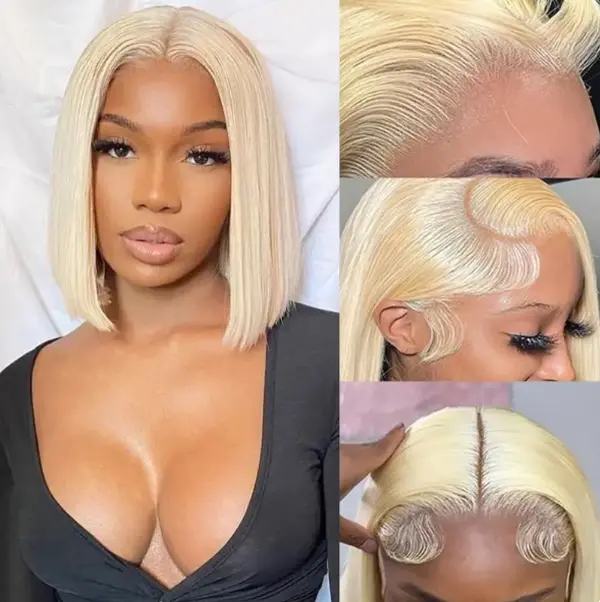 13x4 HD Lace Front Bob Wig Human Hair Straight Short 613 Bob Pre Plucked Glueless Wig Natural Black blonde Beginner Friendly Lace Frontal Wig for Women
