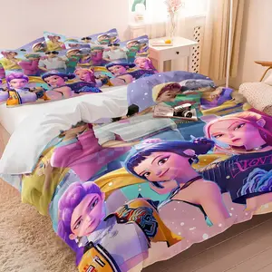 K-Pop Anime Boy Band Girl Group Duvet Cover Set-1 Duvet & 1-2 Coreless Pillowcases-Pink Purple Starry Background-Soft Comfort Bedding-Sweet Cool Stage Sense Teens Bedroom Decor Fan Gift