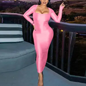 Elegant Pink Bodycon Maxi Dress for Women Long Sleeve Square Neck Skims Long Length Perfect for Club Date Night Birthday sexy retro style