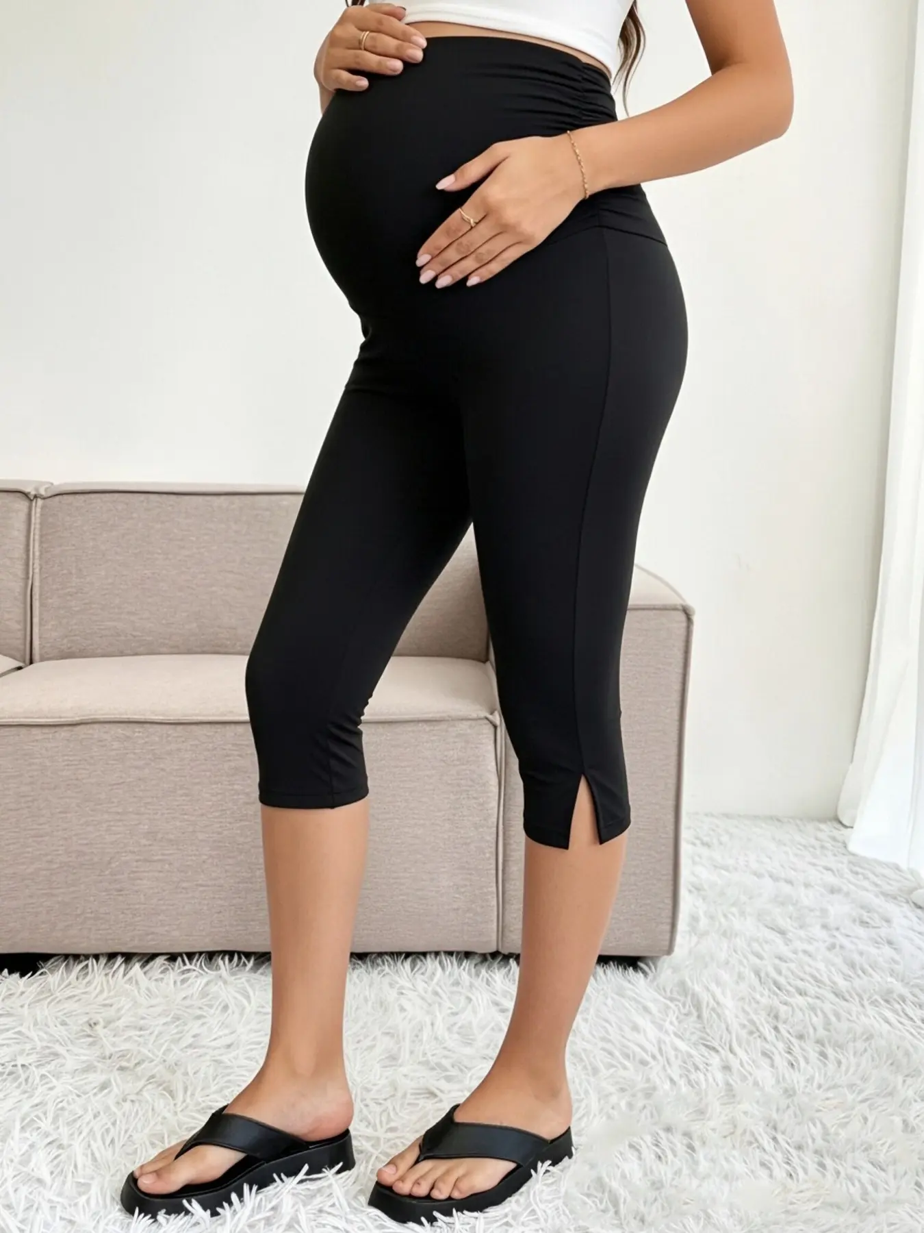 Casual Sports Maternity Apparel 3/4 Leggings, High Elastic Yoga Pants with Side Slits, Maternity Summer Clothes