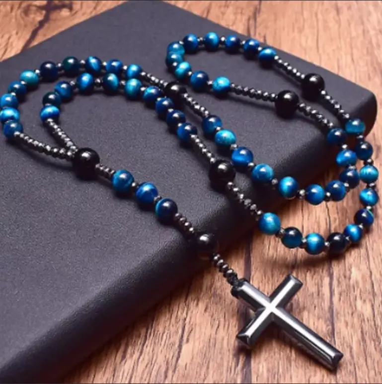 108 Bead Natural Blue Tiger's Eye Mala Necklace - 32 in, Hematite Cross Charm, Natural Healing Crystal Gemstone Jewelry for Adults, Balance Emotions, Calm and Focus, Meditation Protection, Casual Daily Wear