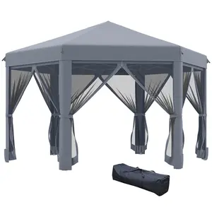 Outsunny 13' x 11' Hexagonal Pop Up Gazebo, Heavy Duty Outdoor Canopy Tent with 6 Mesh Sidewall Netting, 3-Level Adjustable Height and Strong Steel Frame, Gray