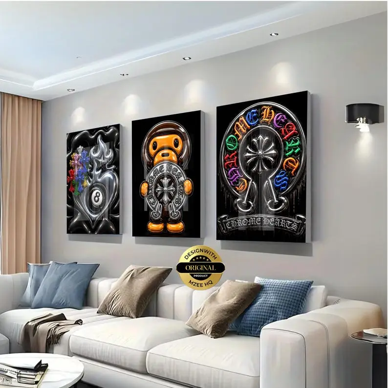 Chrome Hearts Hypebeast Kaws Wall Art Set of 3, Graffiti Poster,Trendy Living Room Decor, Retro Wall Art,Dopamine 175 83 Naheed Zaman